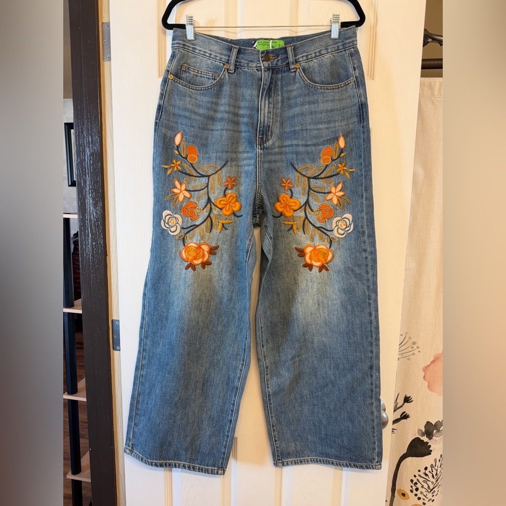 Free People SR vs Sandrine Rose “The Virgin Label” Embroidered Wide Leg Jeans